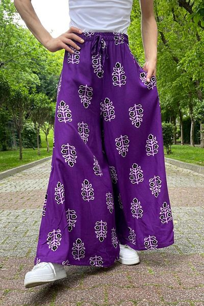 AYASOFYA OTANTIK Women's Purple Elastic Waist Ethnic Patterned Wide Leg Trousers with Pockets