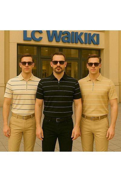 LC Waikiki Lc Waiki 3-Pack Advantageous Package Polo Collar Zipper Striped Short Sleeve Men's Summer Knitwear T-Shirt / T-S