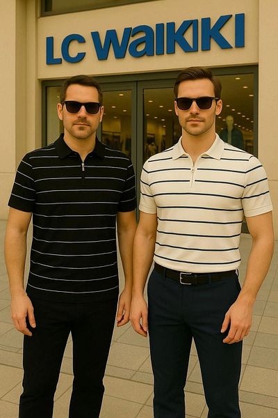 LC Waikiki Lc Waiki 2-Pack Advantageous Package Polo Collar Zipper Striped Short Sleeve Men's Summer Knitwear T-Shirt / T-S