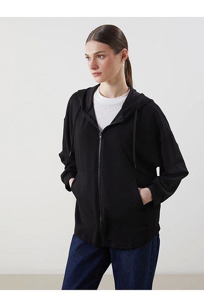 LC Waikiki Lc Waiki Modest Black Hooded Oversize Women's Zippered Sweatshirt
