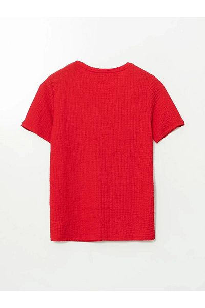 LC Waikiki Lc Waiki Classic Red V-Neck Textured Women's T-Shirt