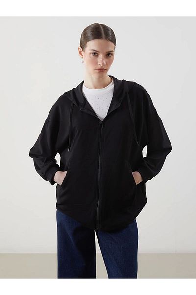 LC Waikiki Lc Waiki Modest Black Hooded Oversize Women's Zippered Sweatshirt