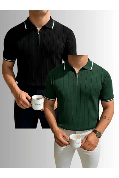 LC Waikiki Lc Waiki 2-Piece Advantage Package Polo Neck Zippered Short Sleeve Men's Summer Knitwear T-Shirt