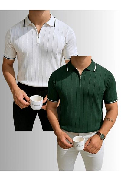 LC Waikiki Lc Waiki 2-Piece Advantage Package Polo Neck Zippered Short Sleeve Men's Summer Knitwear T-Shirt