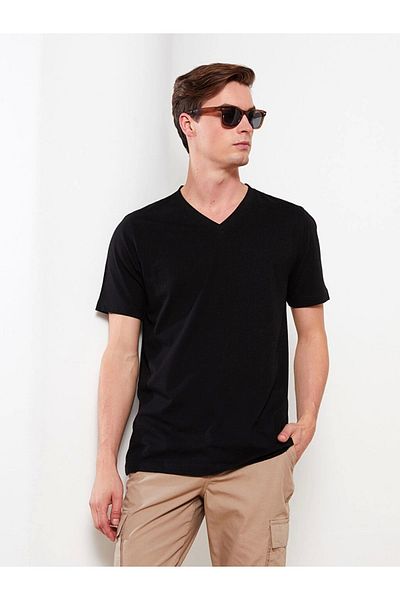 LC Waikiki Lc Waiki Black V-Neck Short Sleeve Combed Cotton Men's T-Shirt