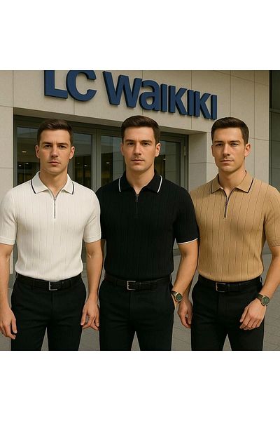 LC Waikiki Lc Waiki 3-Piece Advantageous Polo Neck Zippered Short Sleeve Men's Summer Knitwear Premium Quality T-Shirt / T-