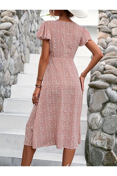 Kokosh moda Rochie midi din viscoză cu mânecă scurtă, cu nasturi în față, cu volan, cu imprimeu leopard