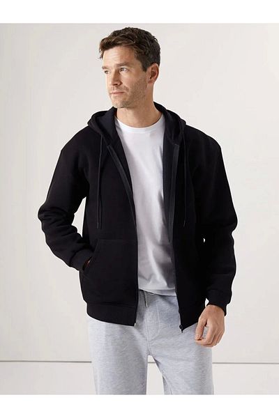 LC Waikiki Lc Waiki Classic Black Hooded Long Sleeve Men's Zippered Sweatshirt