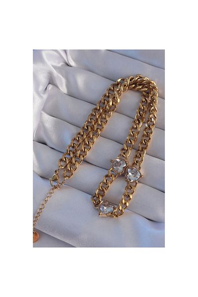 Skygo 316L Steel Gold Color Zircon Stone Heart Model Chain Necklace - Tj-Bko8949
