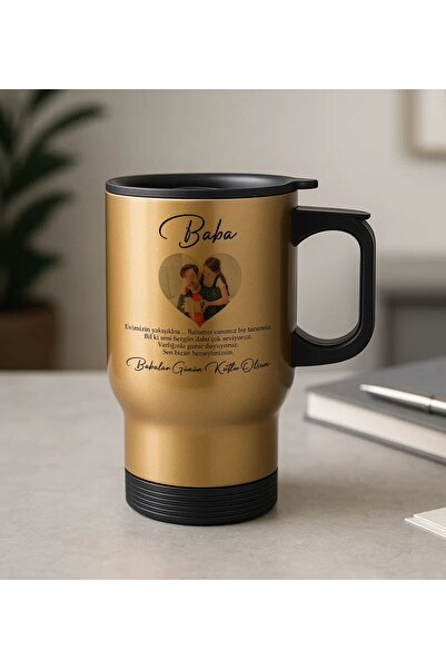 Bk Gift Kişiye Özel Fotoğraflı Babalar Günü Tasarımlı Kulplu Gold Çelik Barda...