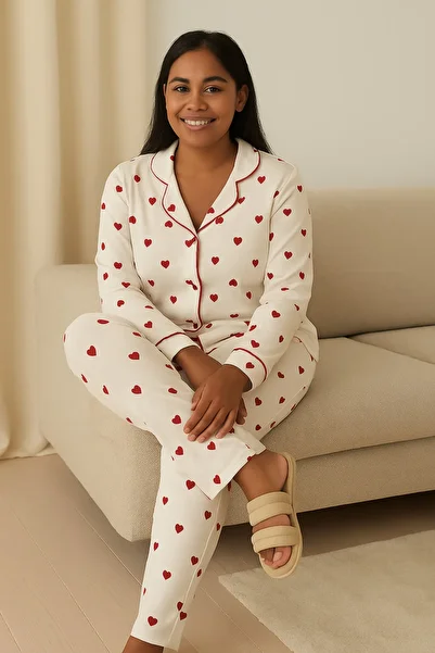 JADİYA White Women's Long Pajama Set with Red Heart