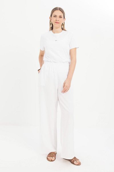 ALLDAY White-Large Size Wide Leg Linen Trousers with Elastic Waist