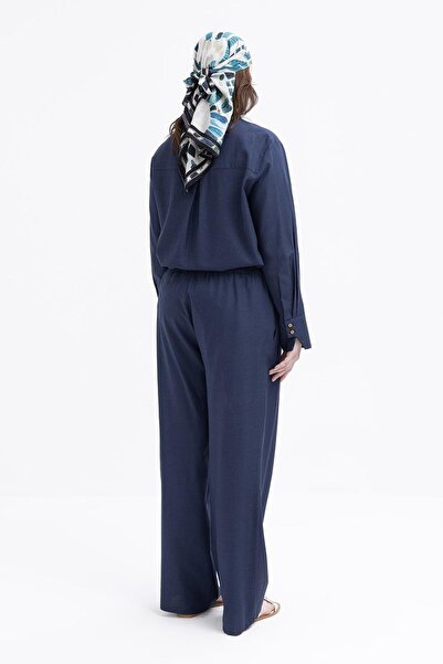 ALLDAY İndigo-Büyük Beden Beli Lastikli Geniş Paça Keten Pantolon