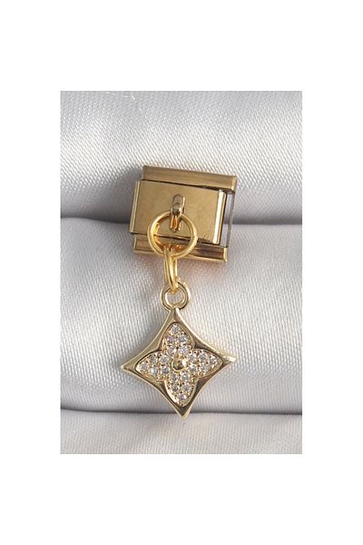 Skygo 316L Steel Gold Color Dangle Zircon Stone Flower Embroidered Nomination Charm - Tj-Bc1355