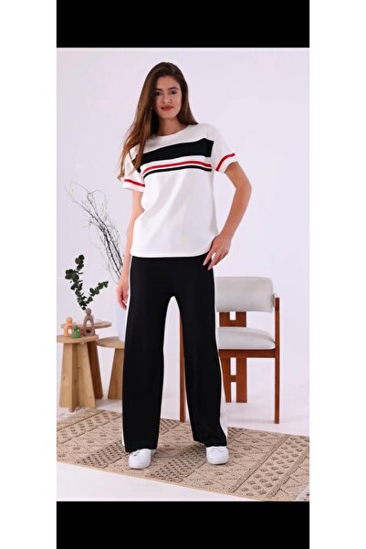 GUMMORE COLLECTİON Kısa Kol Garnili Modal Geniş Paça Kadın Eşofman Takımı