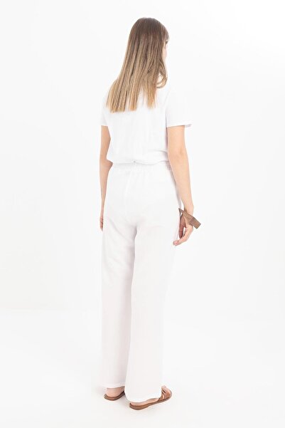 ALLDAY White-Large Size Wide Leg Linen Trousers with Elastic Waist