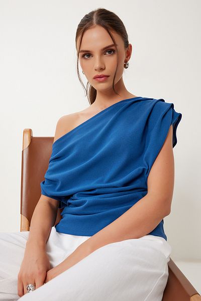Lovelyİstanbul Bluză tricotată elastică Drapeli ALBASTRU COBALT LFW0009