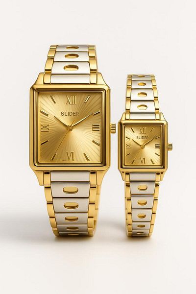 style iconic SLIDER Elegant Square Couple Watch Set – Silver & Gold Design | Fade-Proof | 1-Year Guarantee 📝