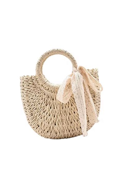 La Saade Floral Liva- Vintro Beige Lace Ribbon Detailed Straw Handbag