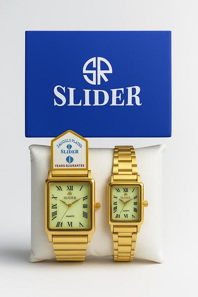 style iconic SLIDER Roman Dial Gold Couple Watch Set – Unique Green Face | Fade-Proof Finish | 1-Year Guarantee