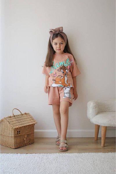 jeliboomkidswear طقم صيفي مكون من قطعتين من شورت مطبوع من Bambi للفتيات الصغيرات