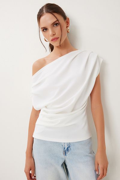 Lovelyİstanbul Bluză tricotată elastică Drapeli EKRU LFW0009