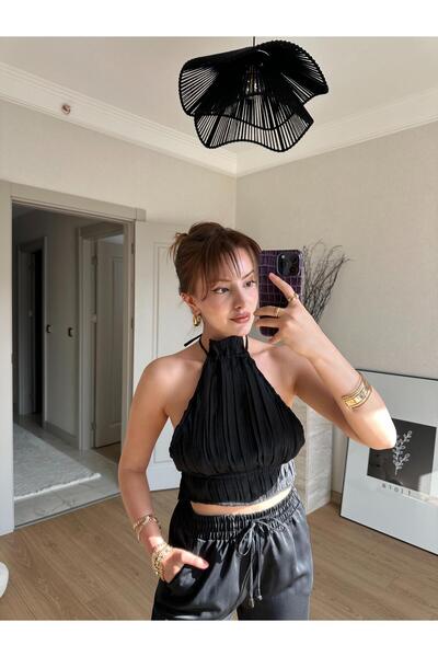 BAŞARAN Halter Neckline Tie Back Pleated Blouse Black