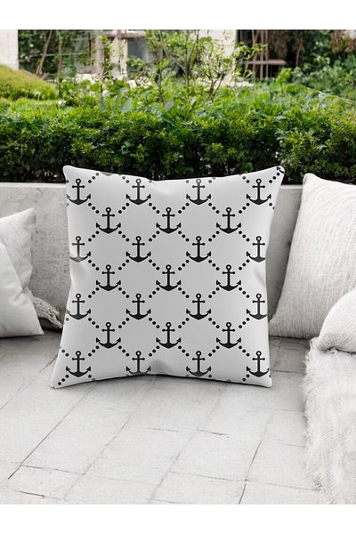 ASDİVA Smr Ship Anchor Patterned Modern Throw Pillow Decorative Cushion Soft Black White Colored 43X43