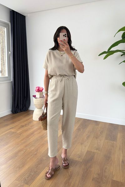 BİRCANÇİL Laila Stone Casual Linen Short Sleeve Trousers Set