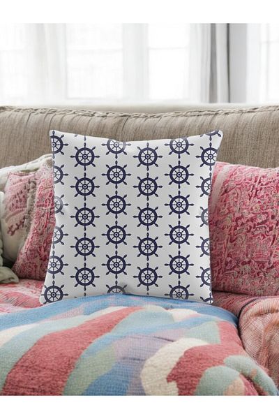 ASDİVA Smr Ship Rudder Patterned Modern Throw Pillow Decorative Cushion Soft Blue White Colored 43X43