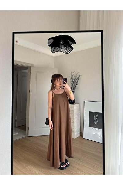 BAŞARAN Thin Strap Long Dress Stone