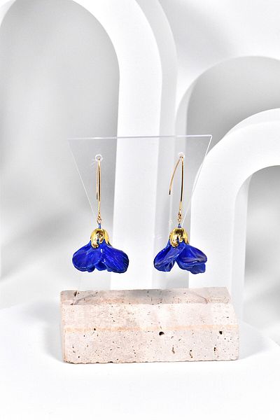 NARRU NARRU earrings, handmade, flower chandelier, blue and gold, Teona 01