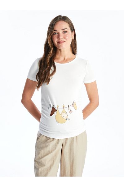 LC Waikiki Bedrucktes Kurzarm-Umstands-T-Shirt mit Rundhalsausschnitt