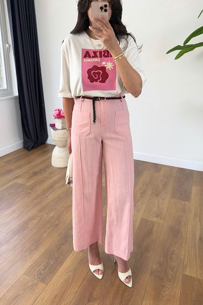 BİRCANÇİL Aleda Pink Linen Trousers with Front Pocket Detail