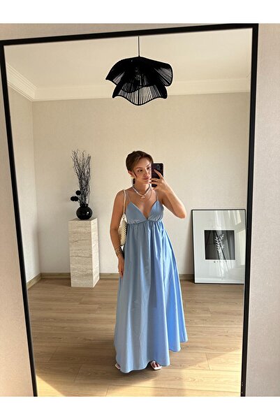 BAŞARAN İnce Askılı V Yaka Uzun Elbise Mavi