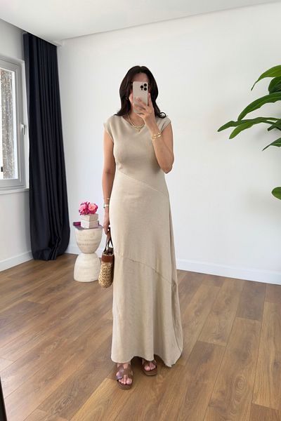 BİRCANÇİL Md Alis Beige Fabric Knitwear Detailed Dress