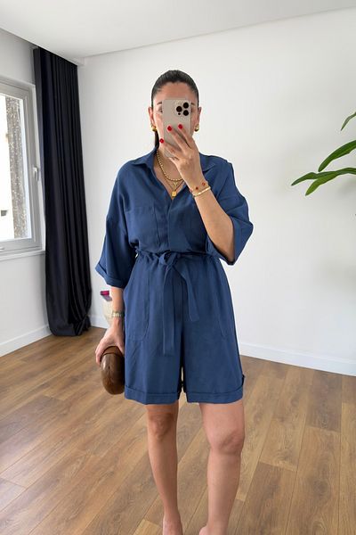 BİRCANÇİL Lorea Indigo V-Neck Self Belted Jumpsuit