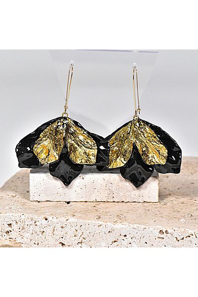 NARRU NARRU earrings, handmade, chandelier, flower, black and gold, Vera 13