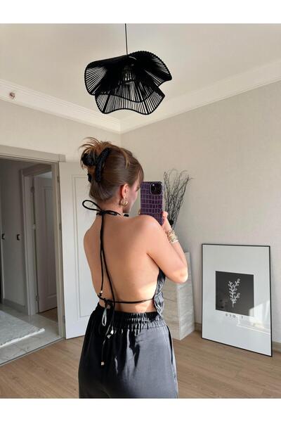 BAŞARAN Halter Neckline Tie Back Pleated Blouse Black