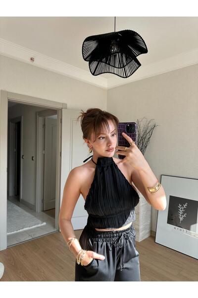 BAŞARAN Halter Neckline Tie Back Pleated Blouse Black