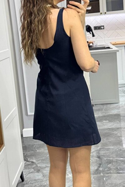 Hotfashion فستان من الكتان بياقة رسن وظهر مكشوف وسحاب