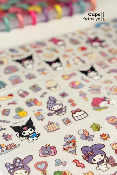 caps anlarınızı paylaştığınız ortağınız Kuromi & My Melody Themed Set of 4 Transparent Stickers – Cute Stickers with 3 Sheet Bag Design