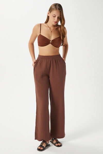 Ritnice Women's Maja 100% Cotton Muslin Brown Trousers with Elastic Waist