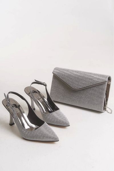 GULT Women's Pointed Toe Shiny Evening Shoes and Bag Platinum