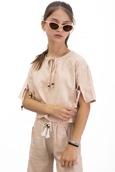 Cansın Mini Beige Halter T-Shirt and Girl's Pants 2 Piece Set 21187