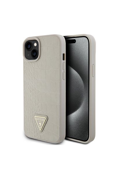 Guess Case for iPhone 15 - Guess Croco Triangle Metal Logo (GUHCP15SPCRTHCD) - Gold