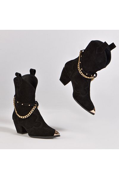 Vanilla Days Bushra Black Suede Boots with Gold Accessories