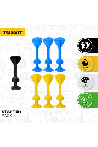 Tossit Darts Set with Suction Cups, Tossit, set of 7, blue-yellow
