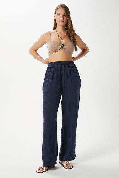 Ritnice Women's Maja 100% Cotton Muslin Navy Blue Trousers with Elastic Waist