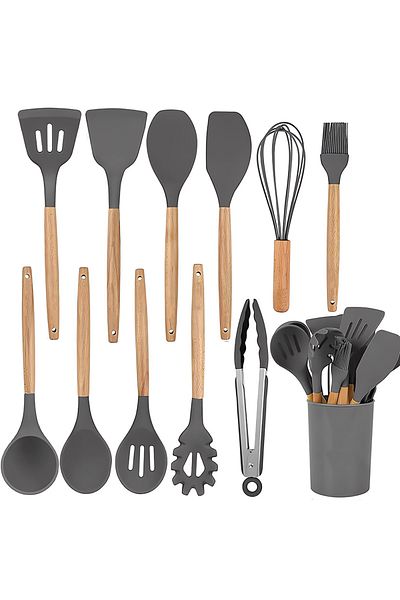 Teno Teno® 12-Piece Food Grade Silicone Kitchen Utensil Set, heat-resistant, stand included, gray
